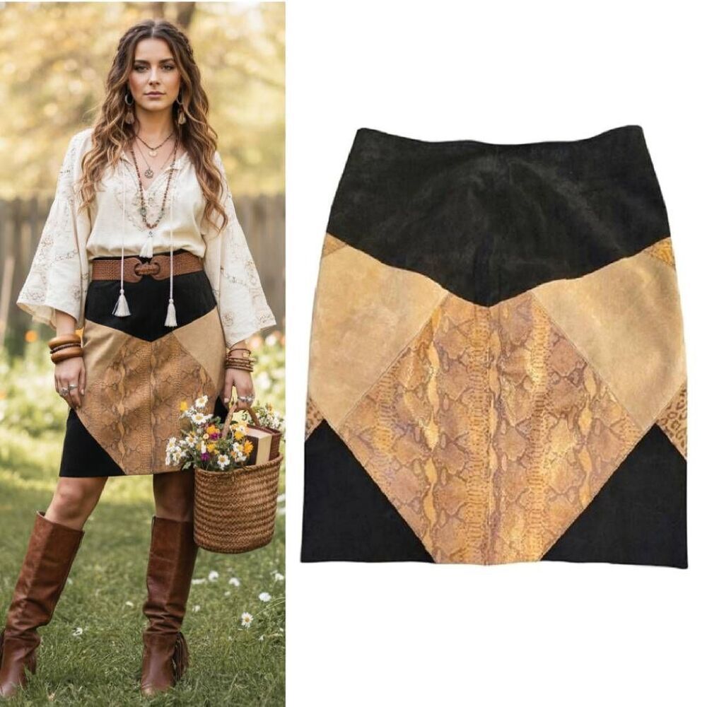 VTG 80s Brown Black Exotic Printed Leather Suede Patchwork Skirt SZ 10